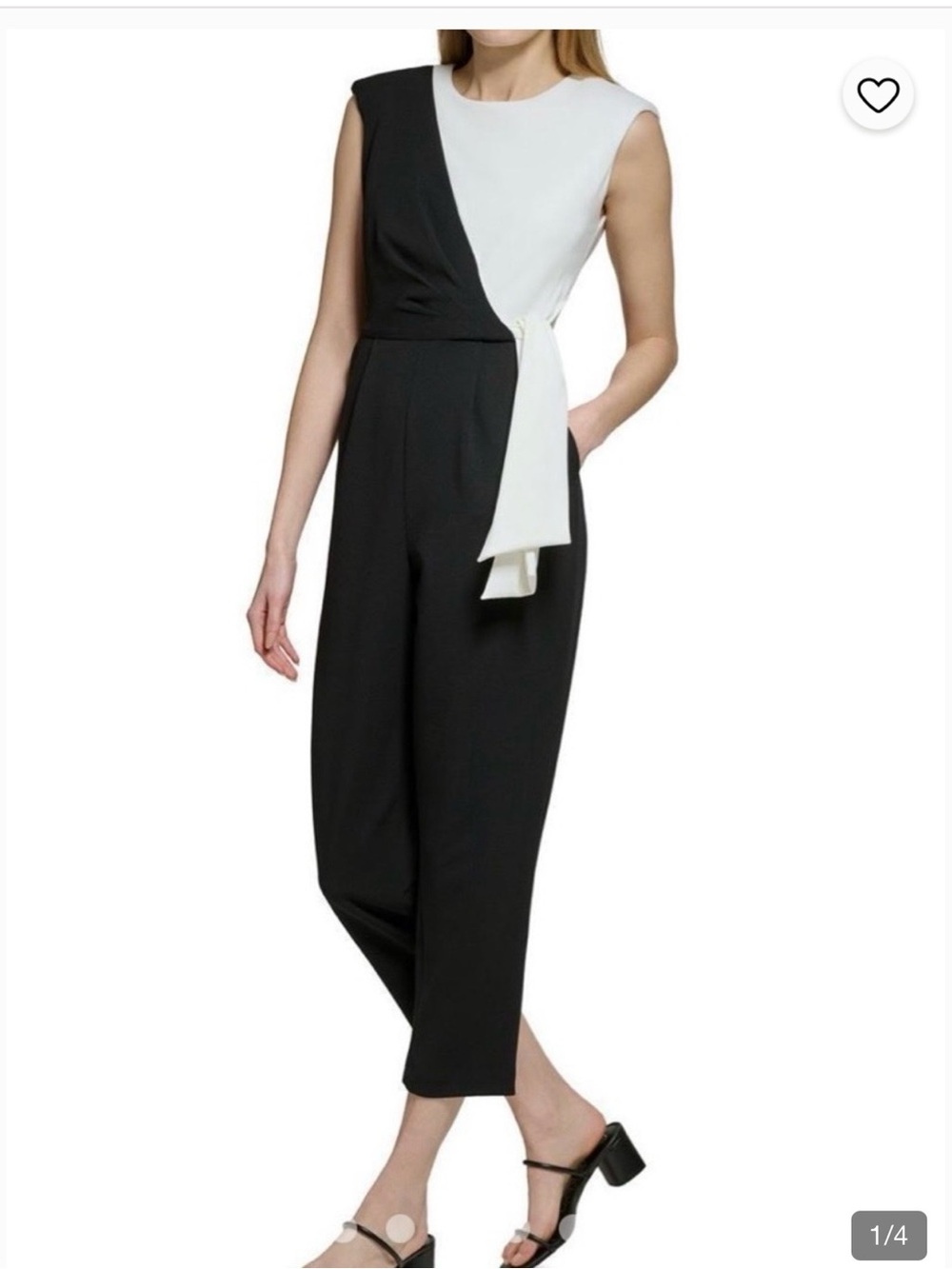 Andrew Marc Black and White Sleeveless Colorblock Jumpsuit with Side Tie